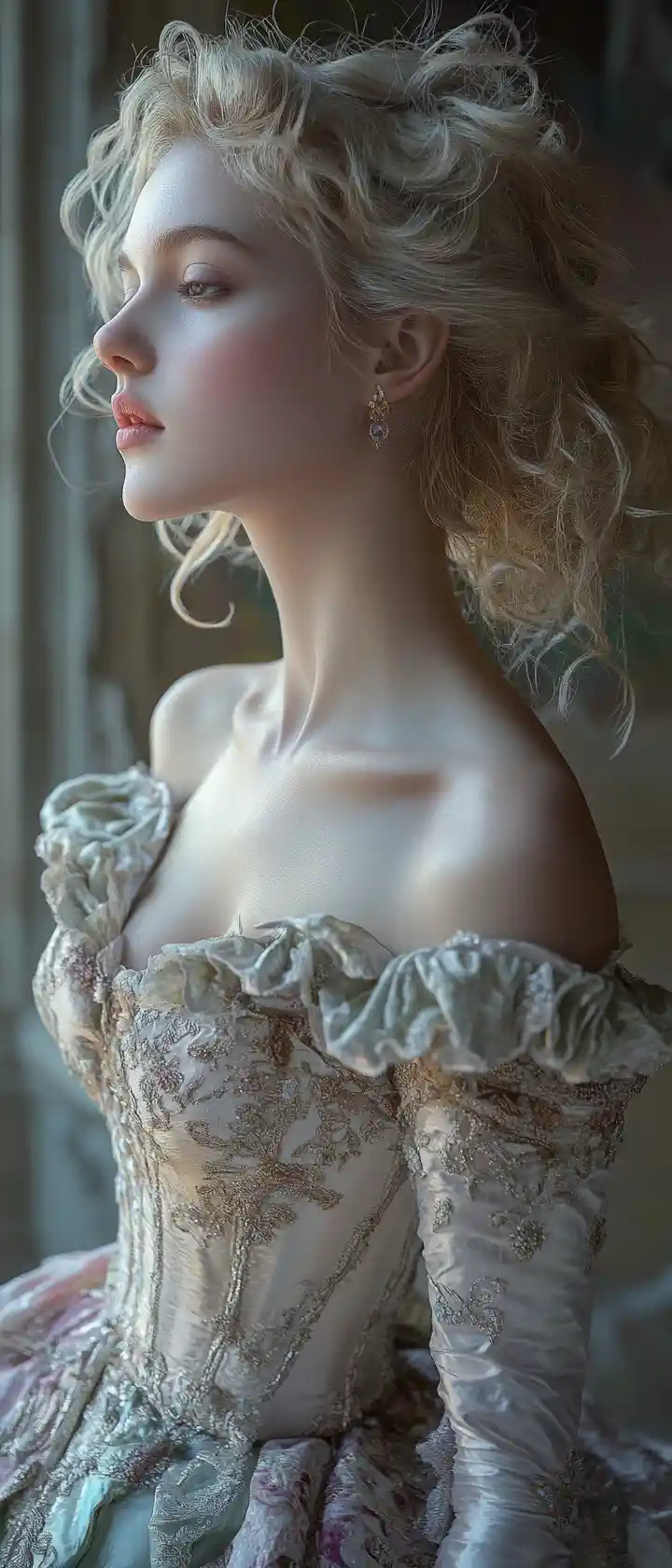 Mujer con vestido de baile rococó en sereno retrato de perfil cinematográfico