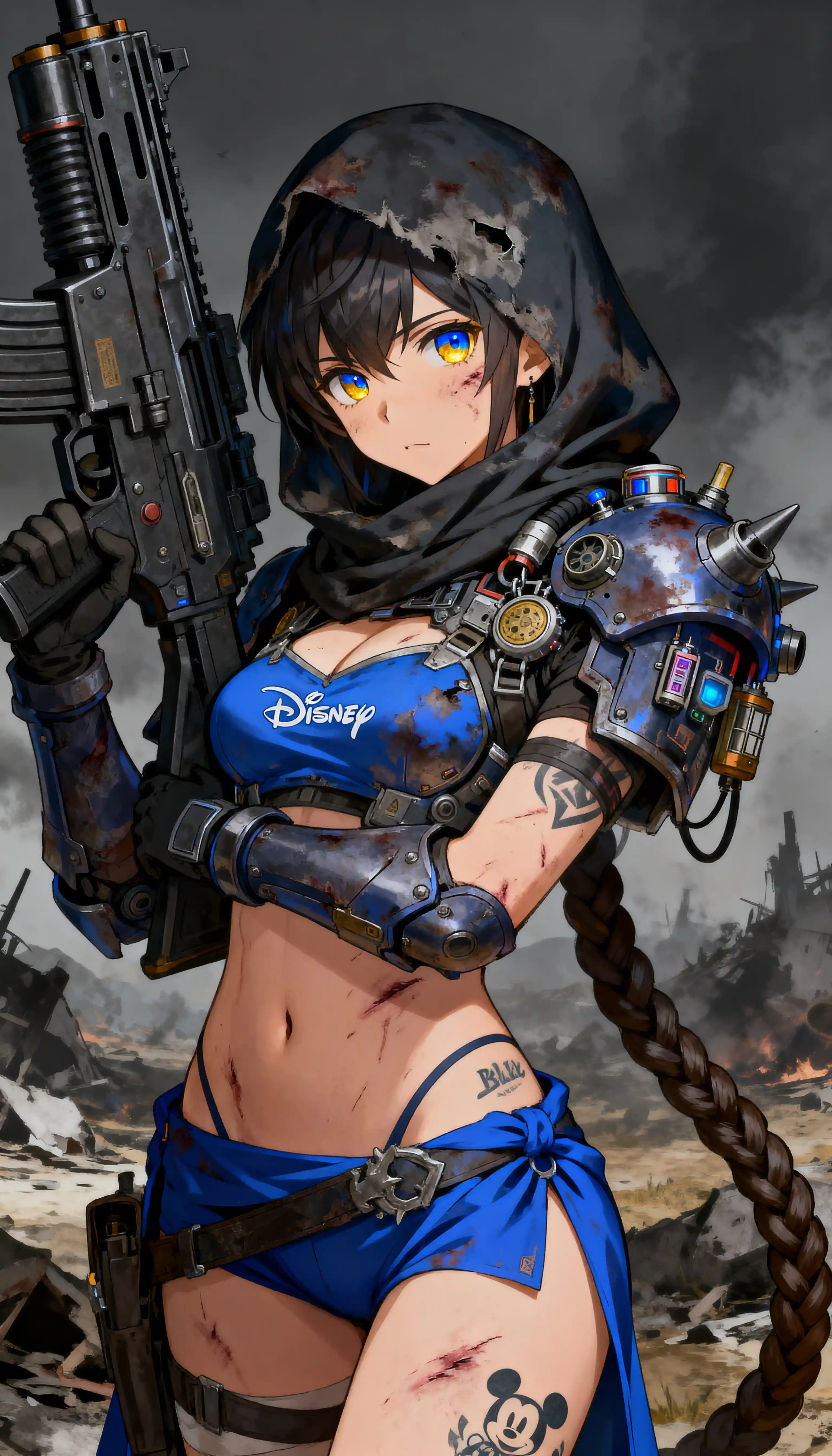 Primer plano de guerrera de anime con cicatrices y tatuajes