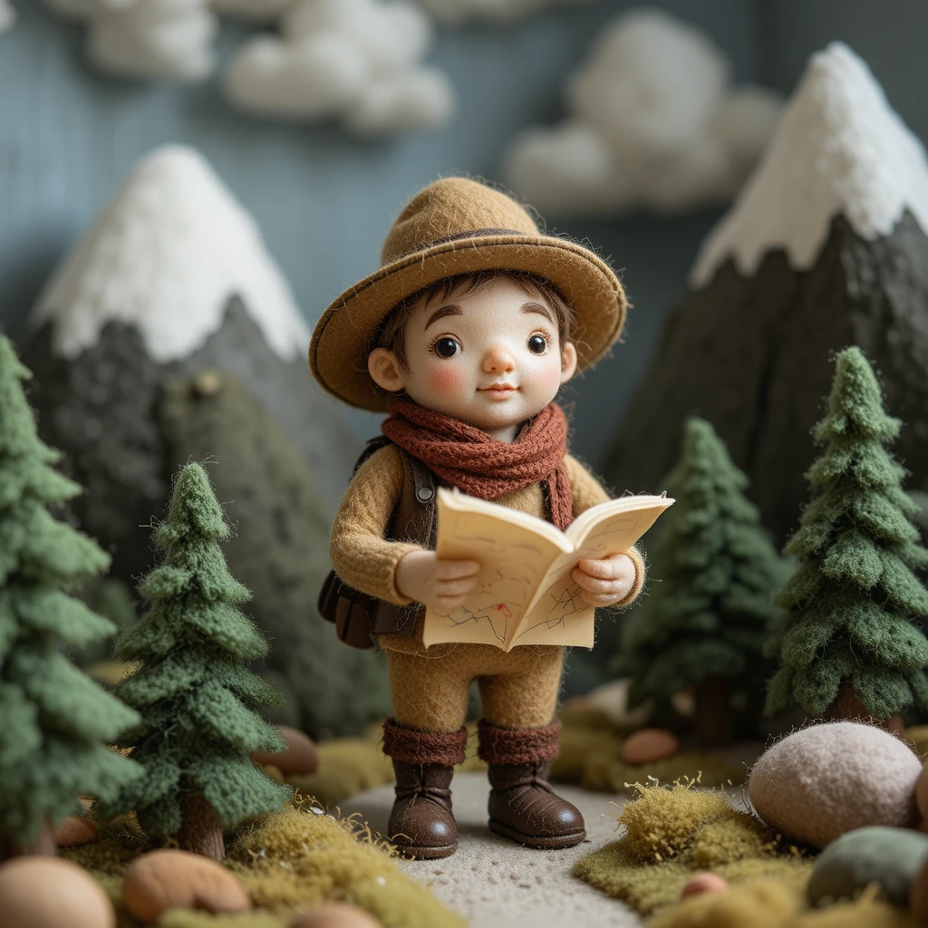 Felted explorer toy in a cozy mountain diorama