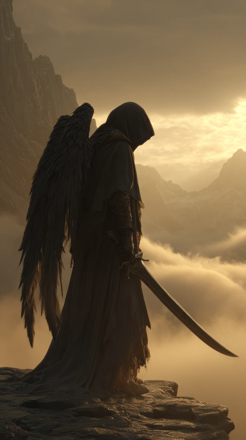 Dark hooded angel on a cliff at sunset