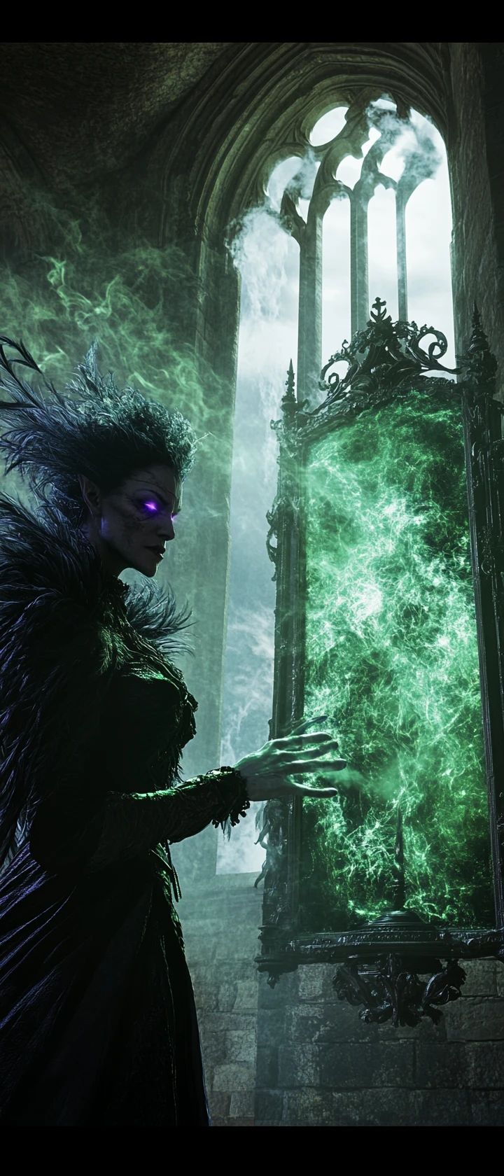 Ancient sorceress before a swirling obsidian mirror