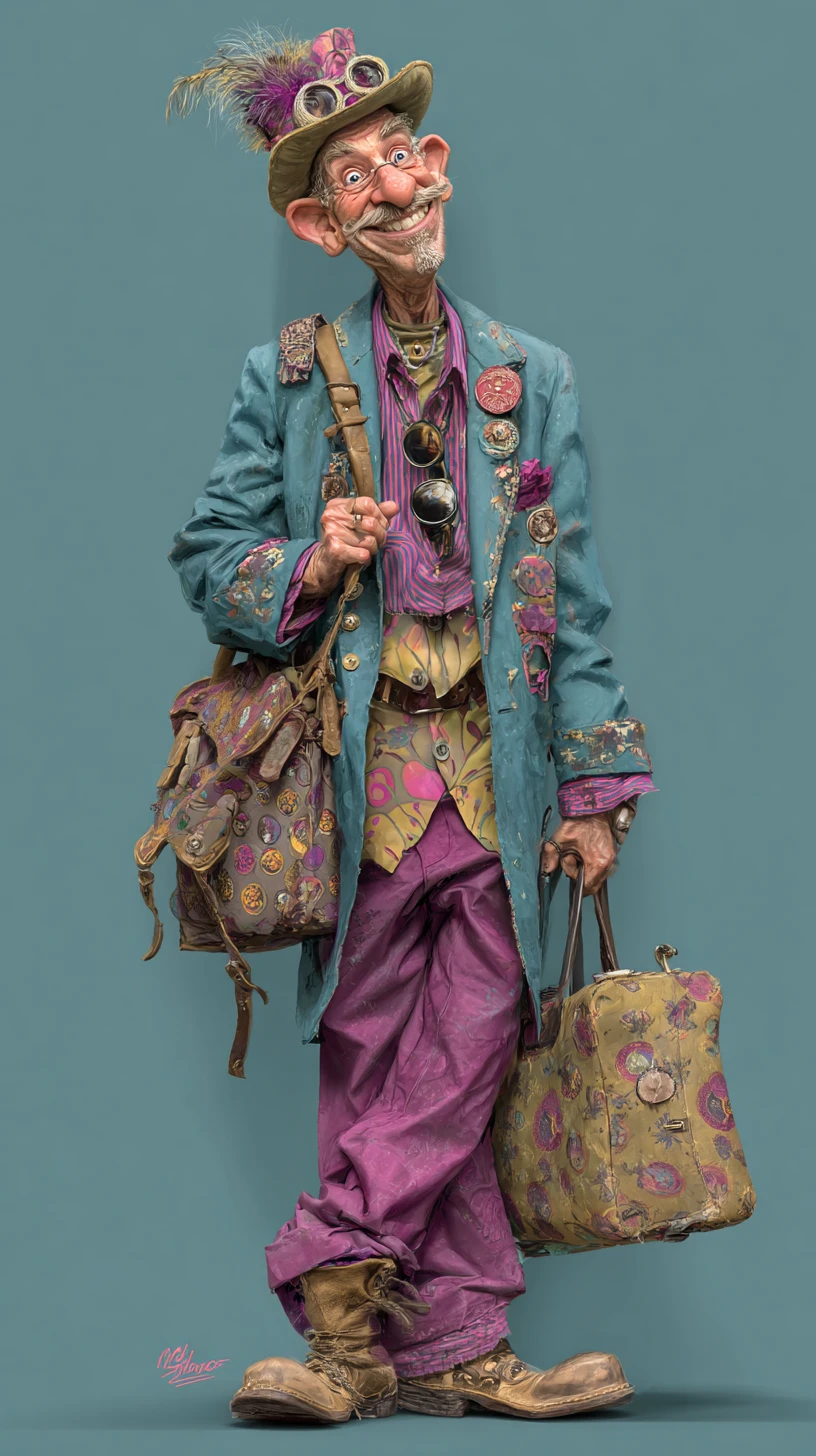 Goofy cartoon character in a colorful eclectic outfit