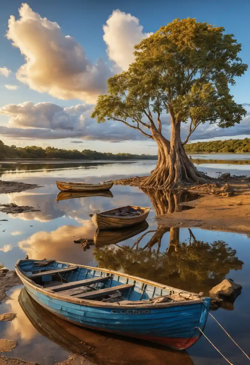 Serene Orinoco River At Sunset With Abandoned Wooden Boats