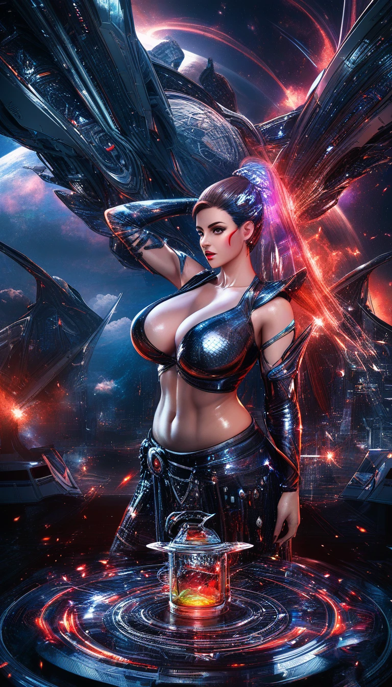 Danzatrice sci-fi in costume high-tech sulla stazione spaziale