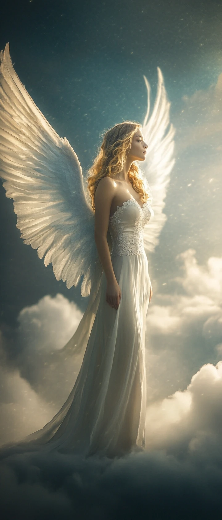 Ethereal angelic woman standing on glowing stormy clouds