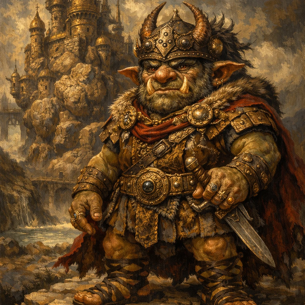 Rei troll régio diante de um imenso castelo de pedra fantástico