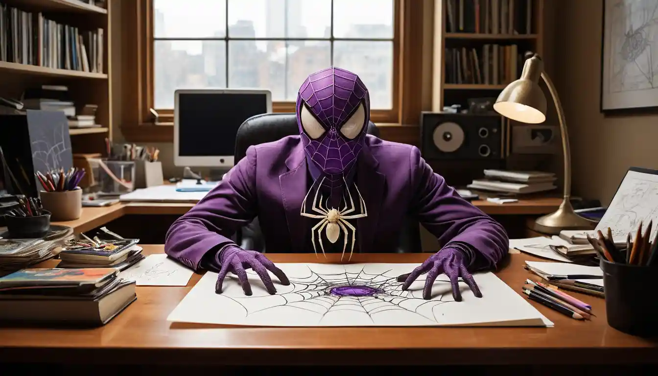 Araña de dibujos animados con heterocromía sobre un escritorio de storyboard