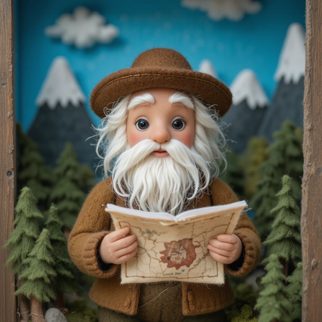Felted explorer figurine in a cozy mountain diorama