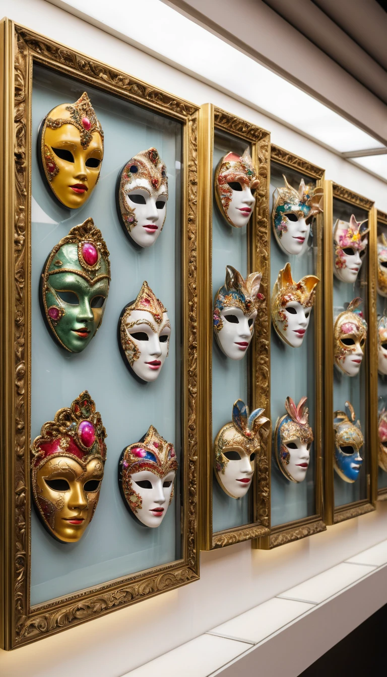 Coloridas máscaras de carnaval veneciano exhibidas en marcos de vidrio