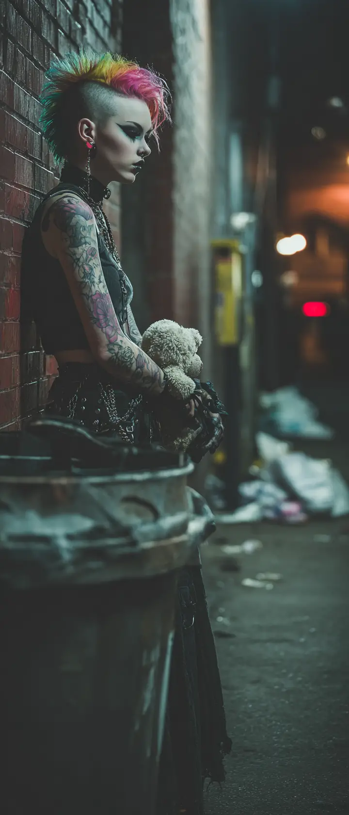 Punk girl with mohawk in moody monochrome alley portrait