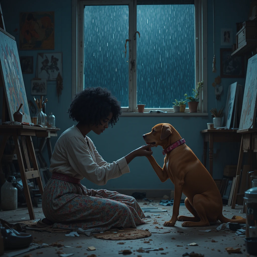 Femme en pleurs réconfortée par un chien dans un atelier d’art calme la nuit