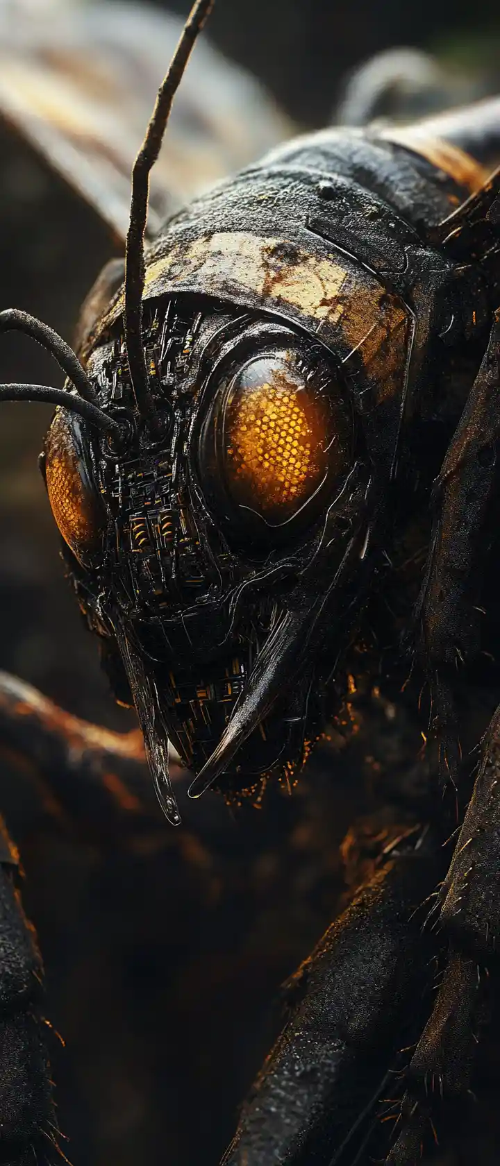 Macabre cybernetic bee close up with glowing golden eyes