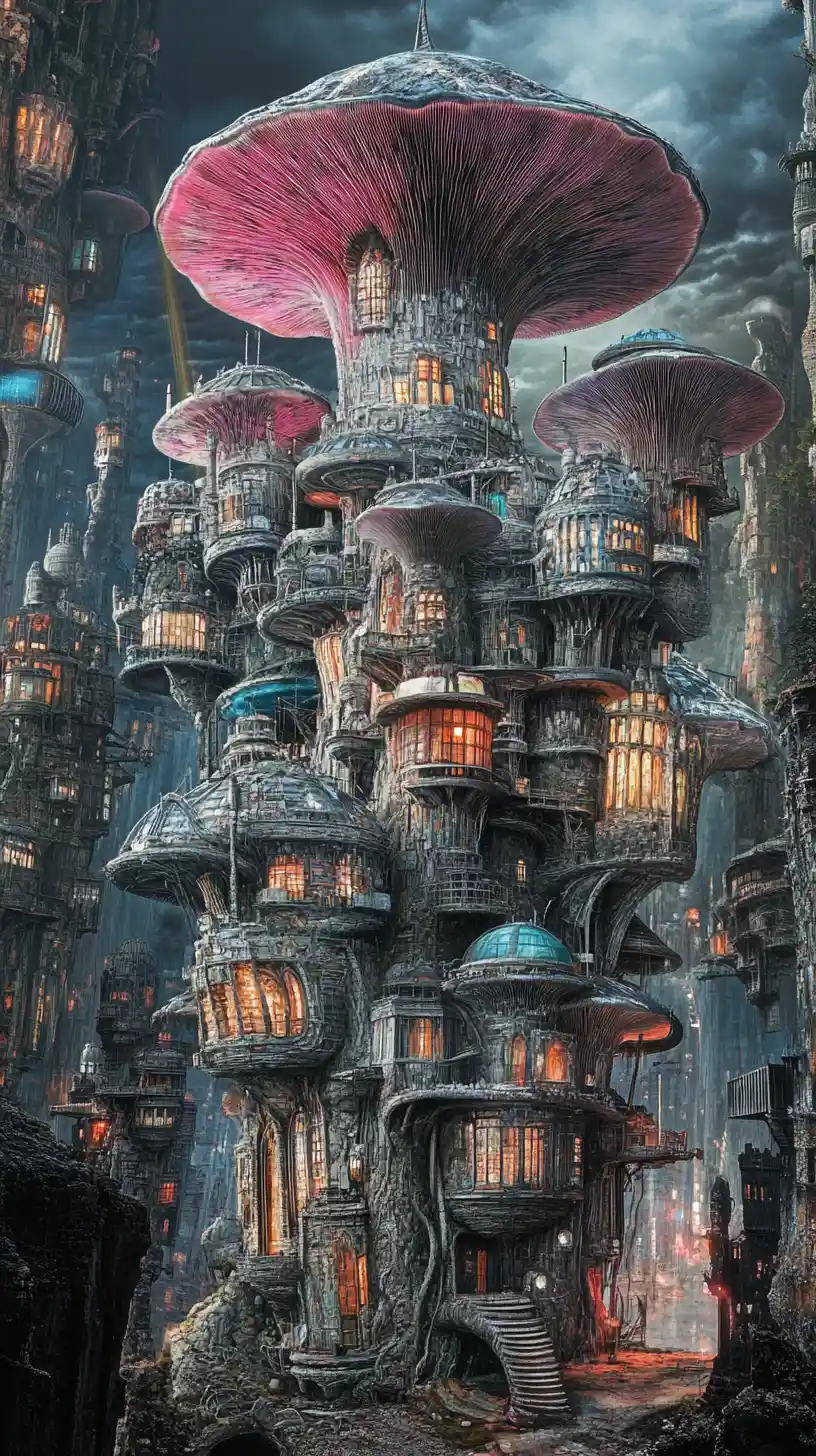 Ville futuriste née d’un unique champignon colossal