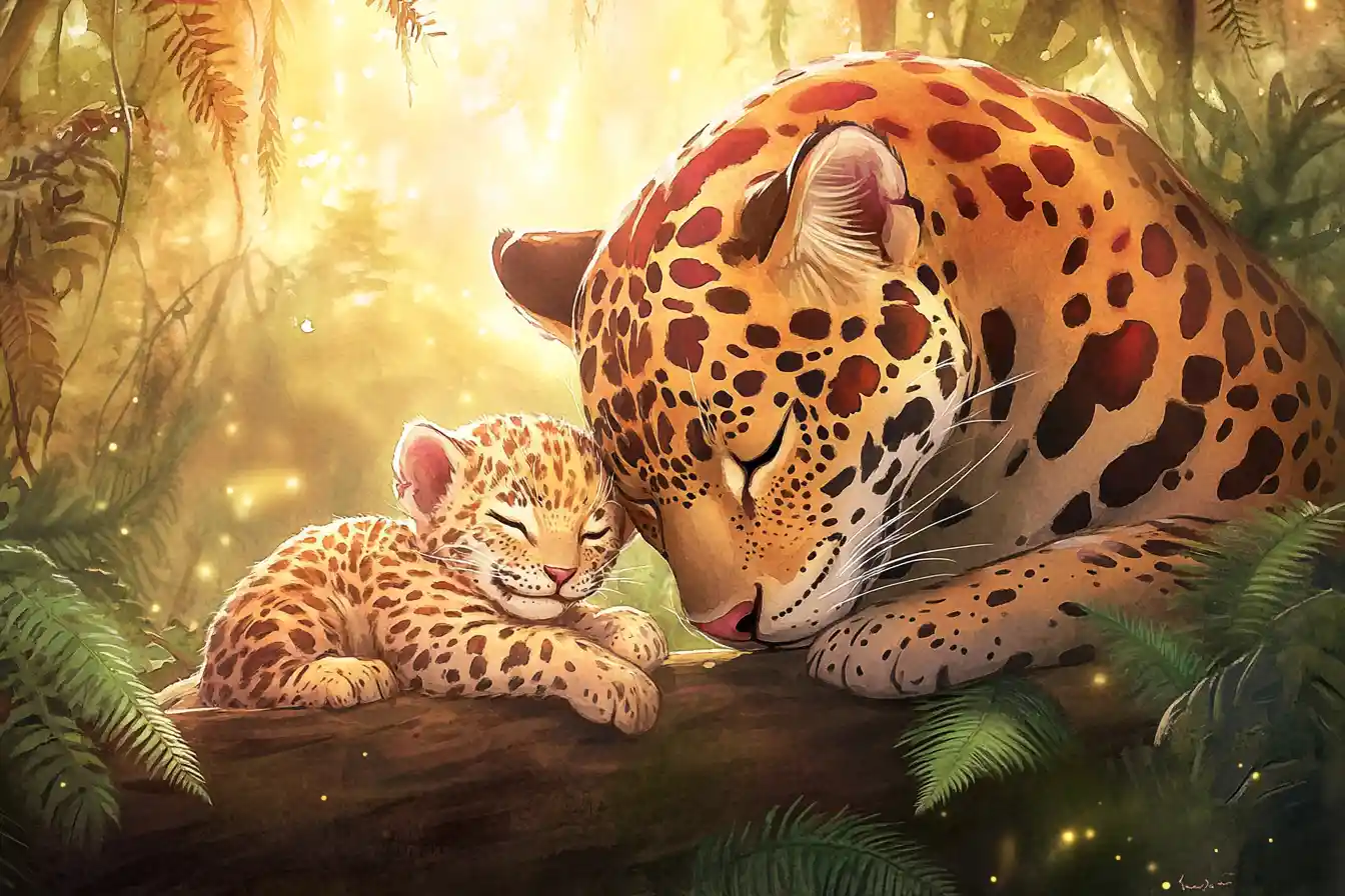 Mother jaguar cuddling newborn cub in misty rainforest