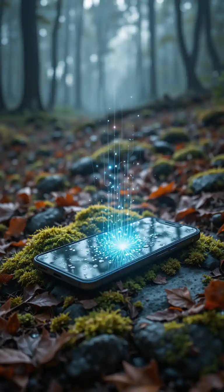 Macro smartphone on mossy forest ground with glowing screen