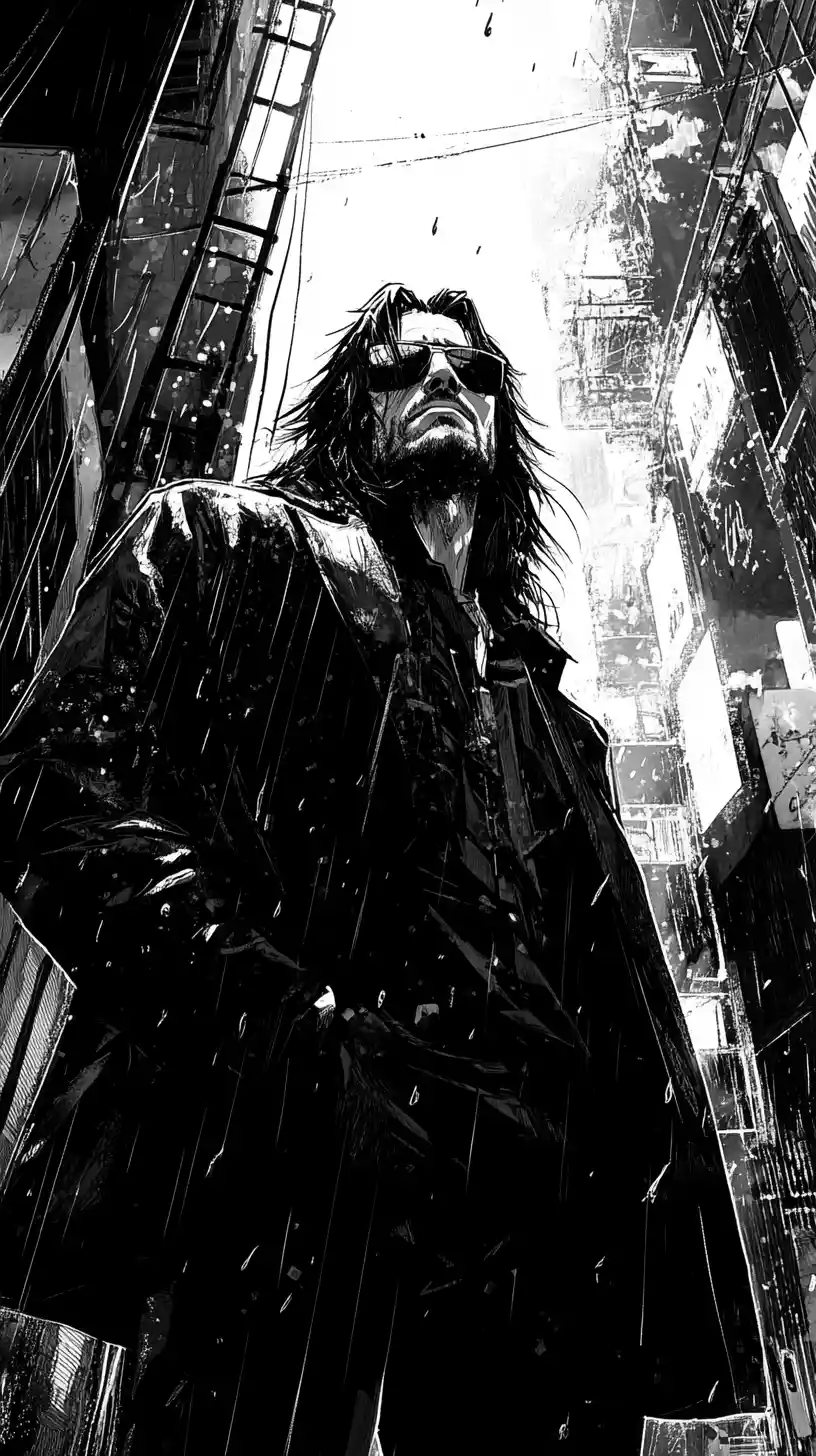 Noir detective in rainy alley with intense stare
