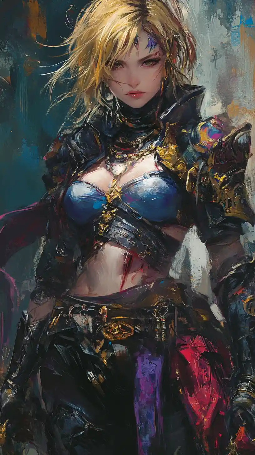 Scarred anime warrior woman with tattoos in blue armor