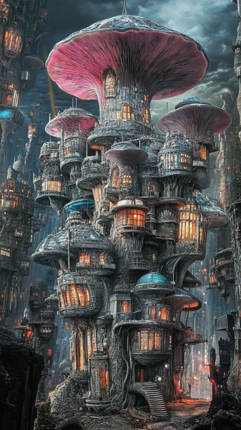 Ville futuriste née d’un unique champignon colossal