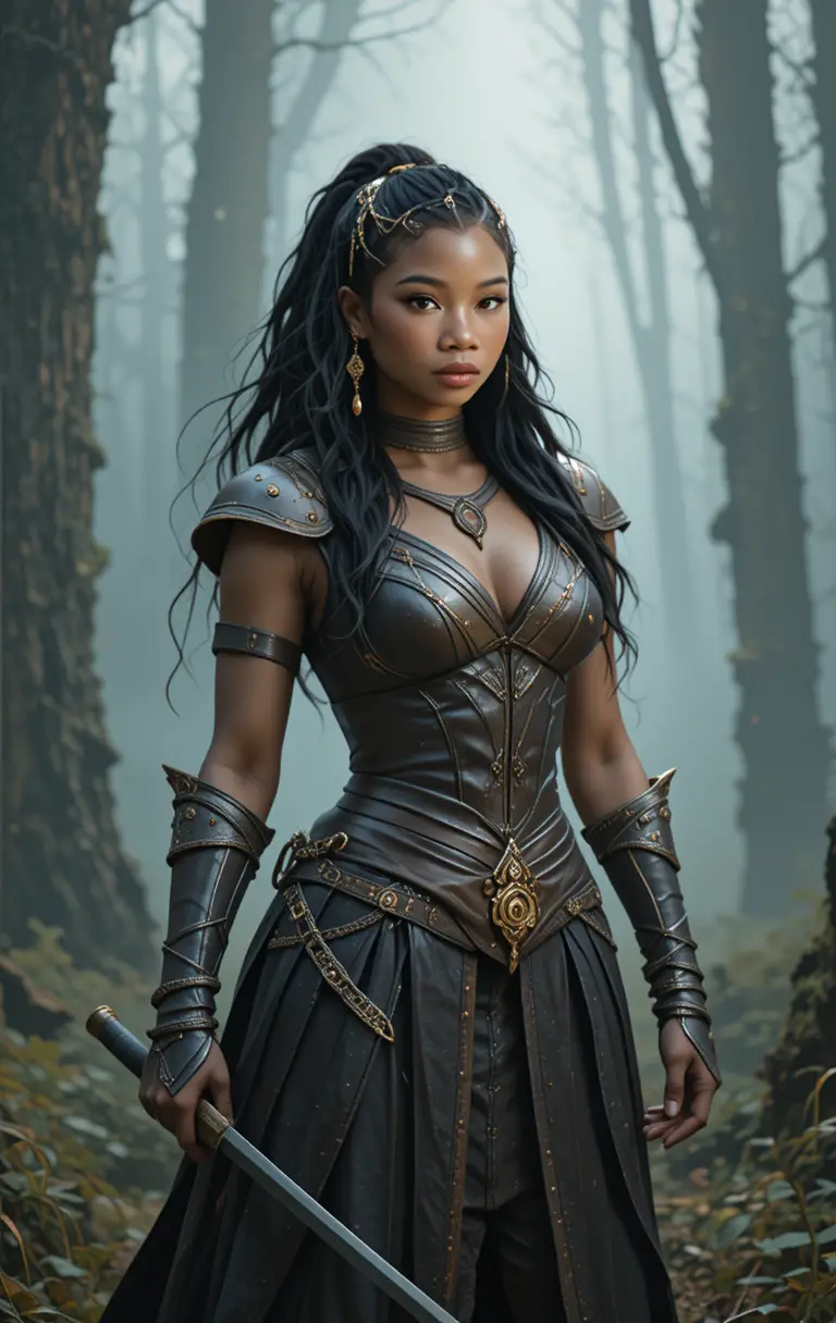 Female warrior in misty forest with sword and circlet