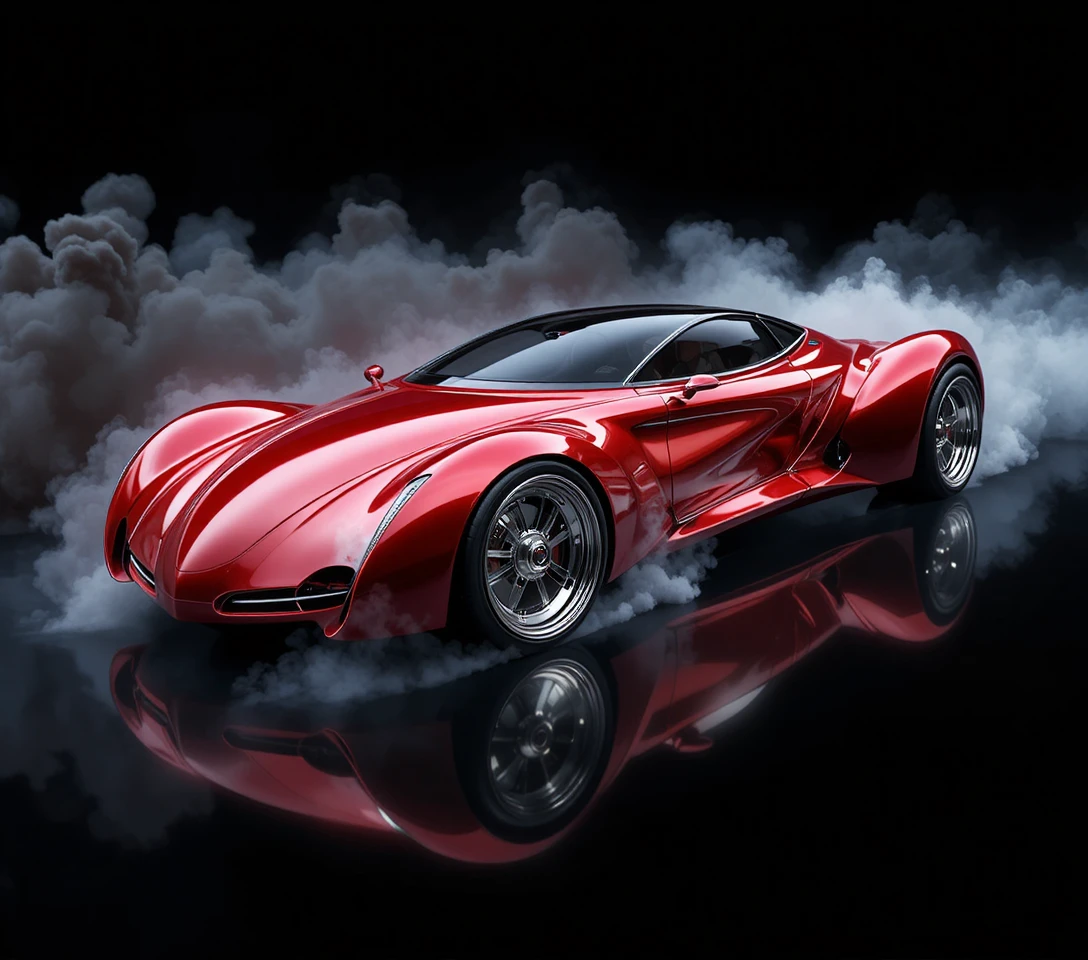 Coche conceptual futurista rojo con ruedas cromadas sobre fondo negro