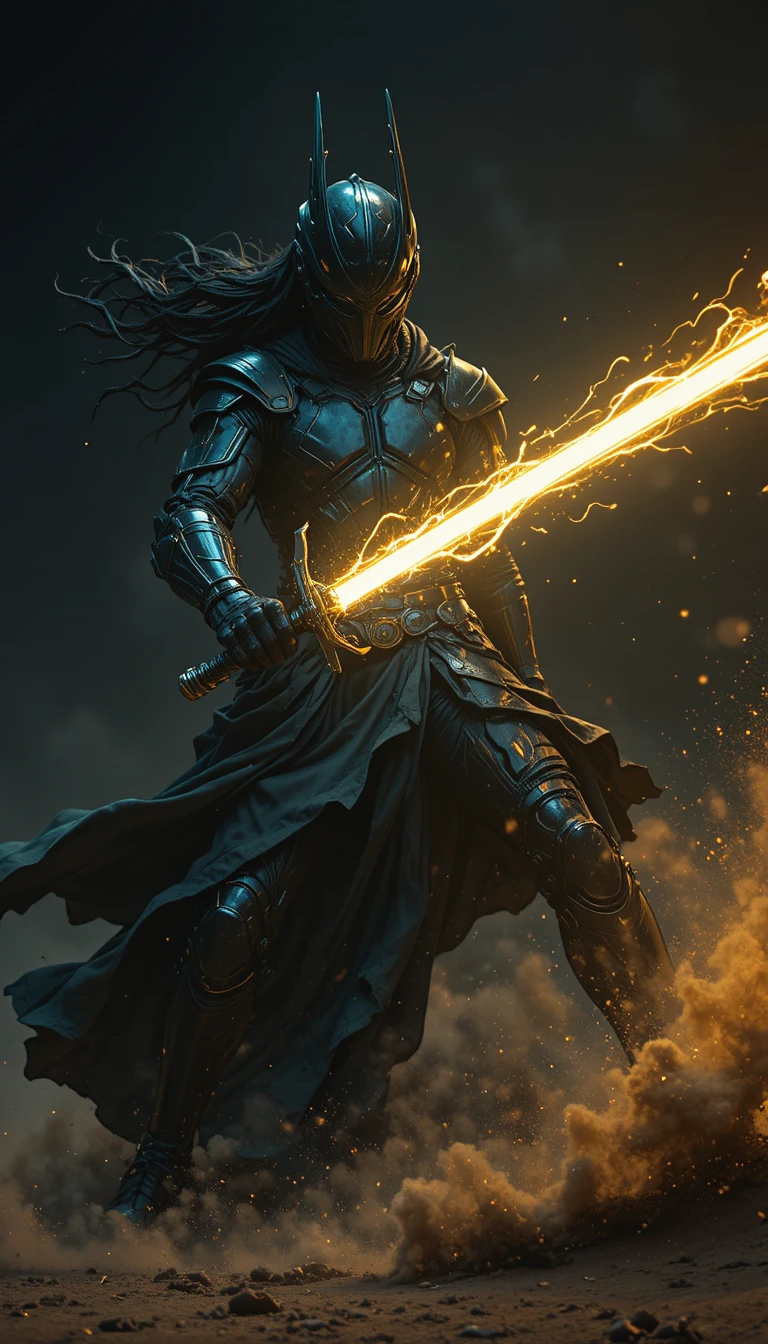 Righteous sci fi swordsman with glowing energy blade