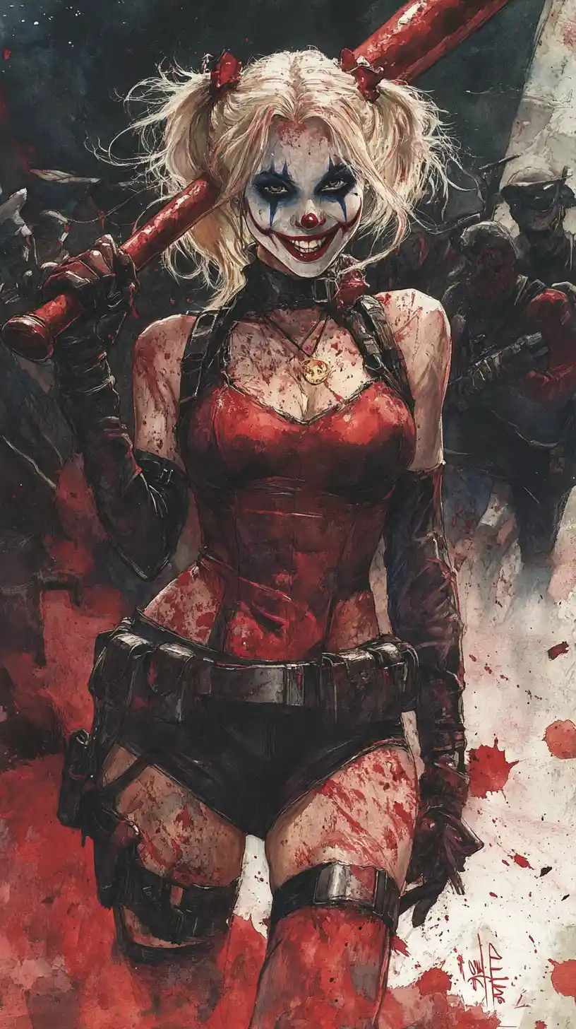 Female fighter with bat amid chaotic battlefield scene