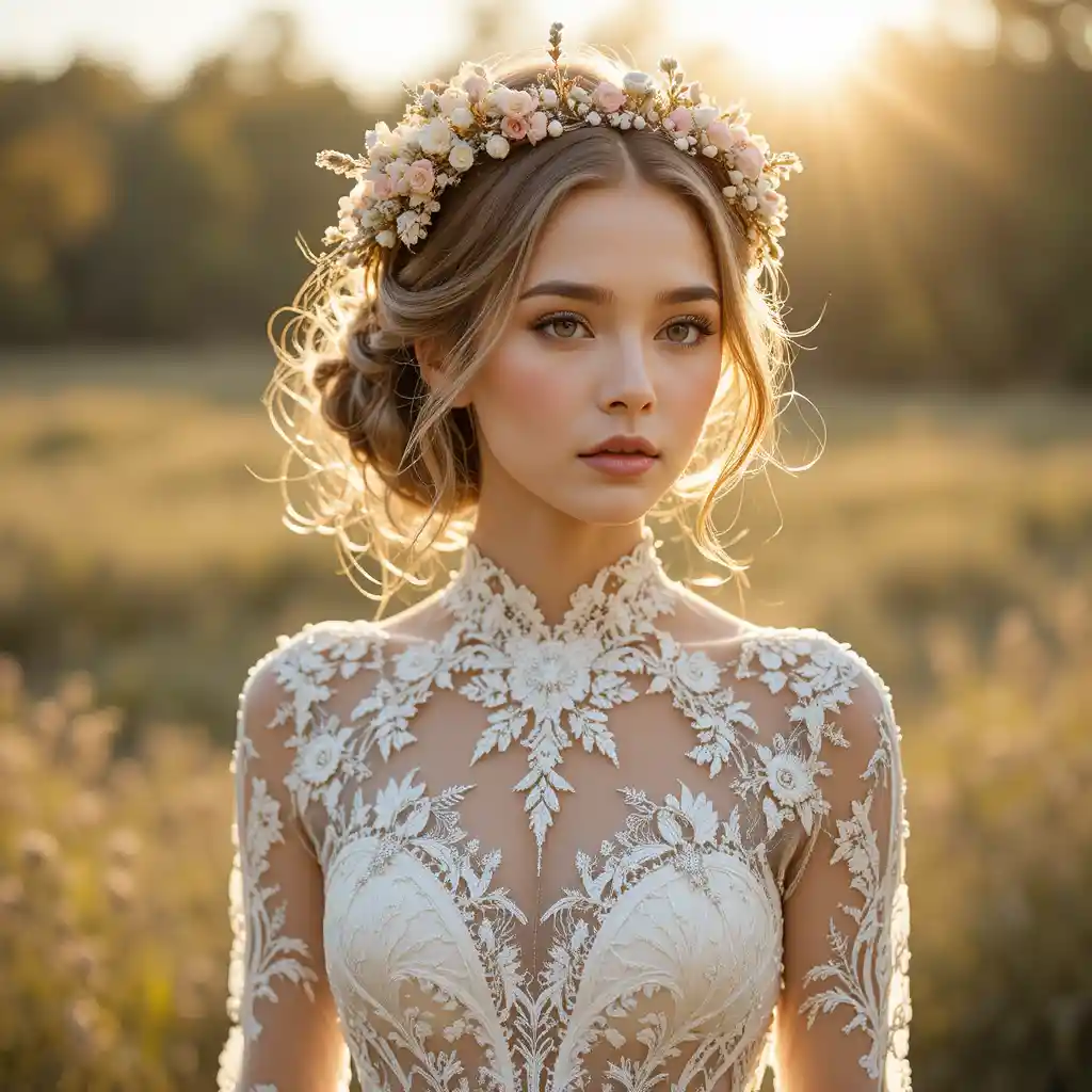 Bride in lace gown at golden hour outdoor portrait