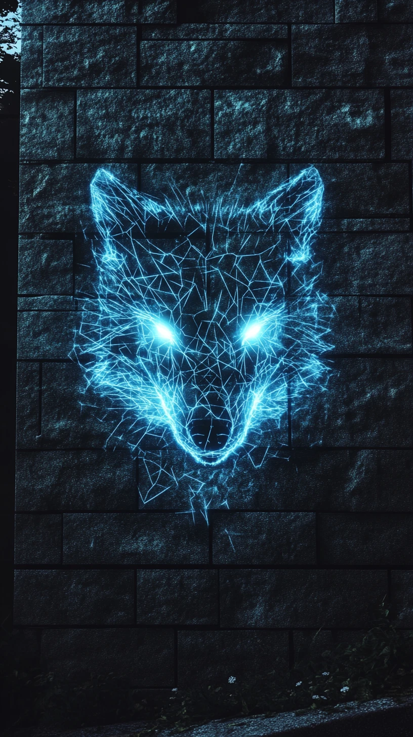 Mystical monolith house facade with glowing spectral wolf