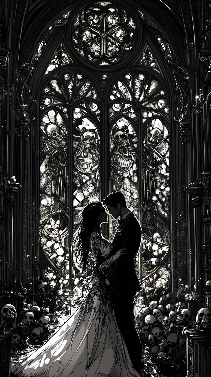 Gothic cathedral wedding with stained glass bride and groom