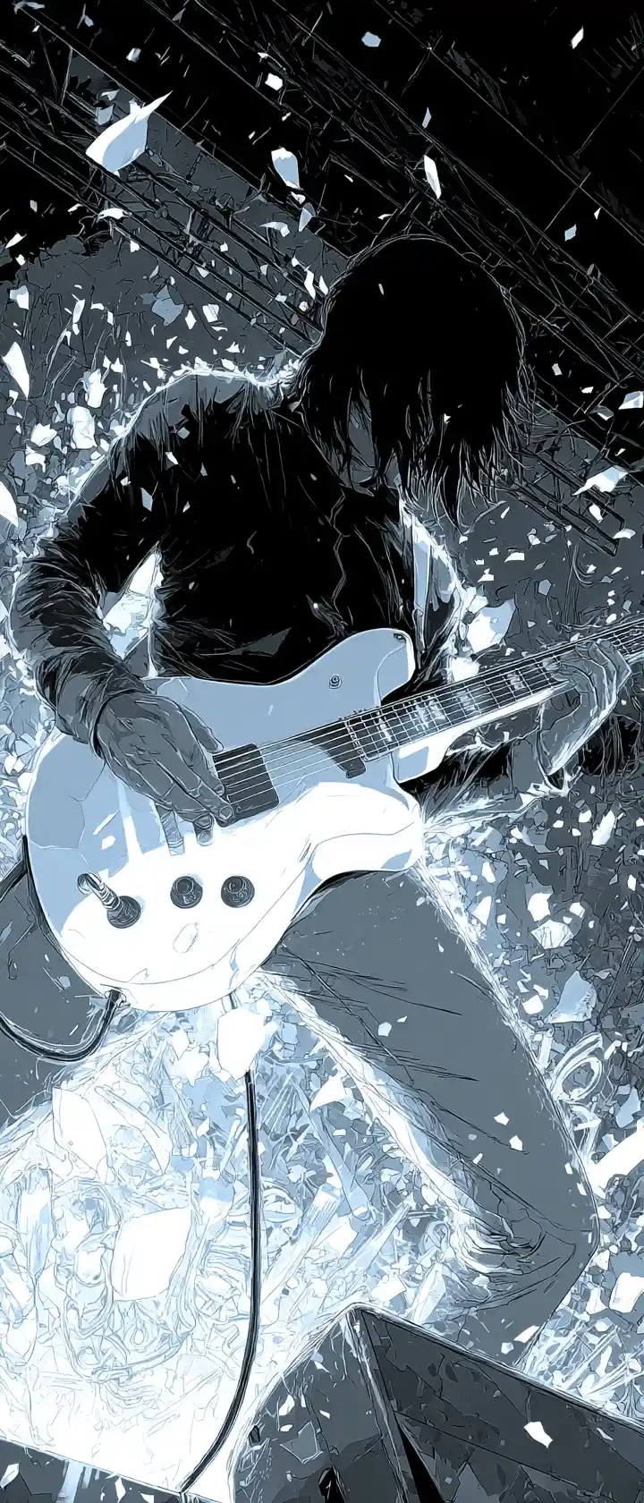 Anime guitarist shredding on stage in high contrast scene