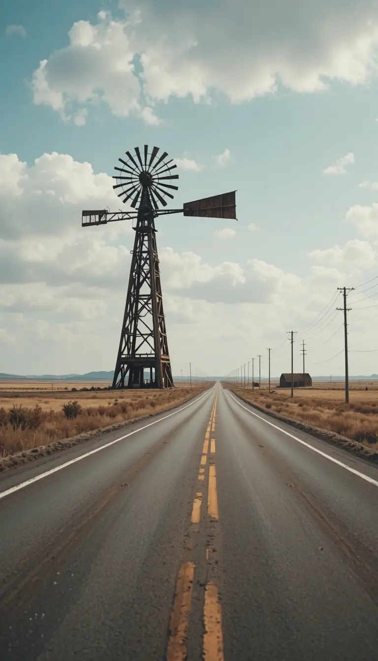 Cata-vento enferrujado ao lado de estrada rural em clima cinematográfico inquietante