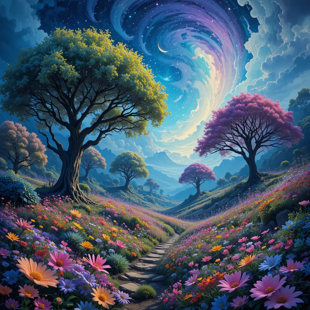 夢幻超現實景觀與迷幻樹木與花朵