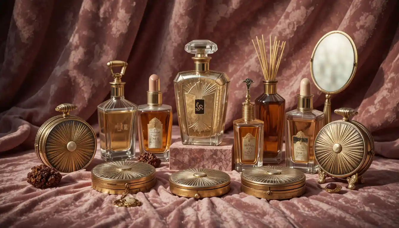 Bodegón vintage de cosméticos de Hollywood sobre terciopelo