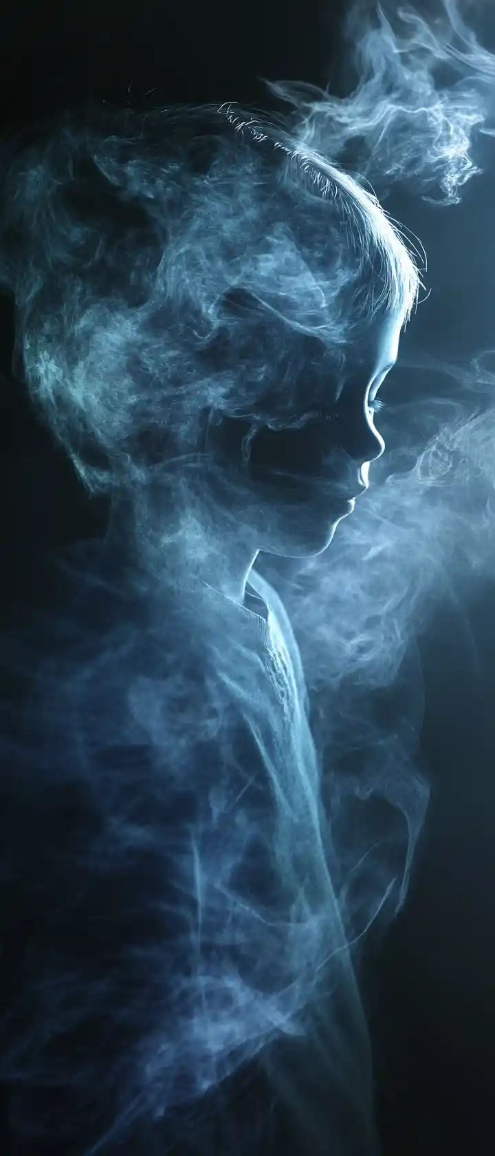 Mysterious child emerging from iridescent celestial haze