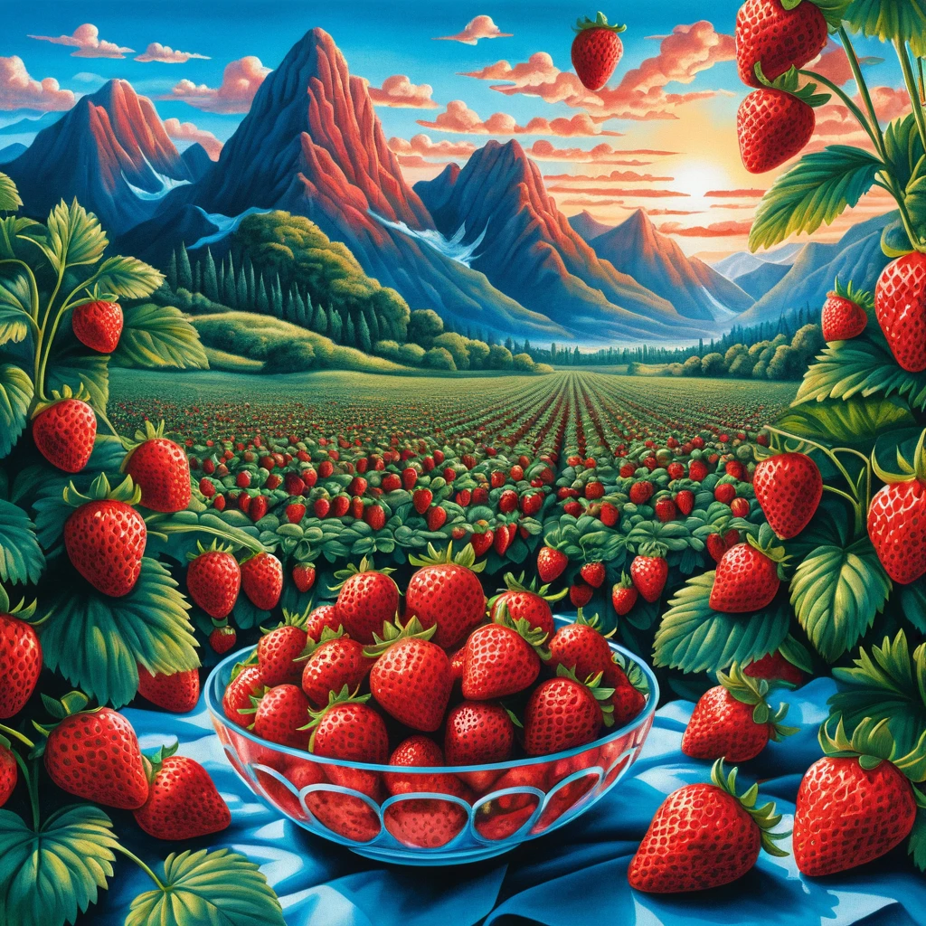 Campo de Fresas Surreal al Amanecer con Montañas Distantes