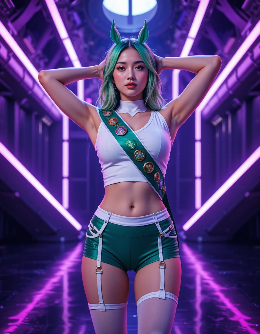 Woman posing on neon futuristic stage in emerald outfit
