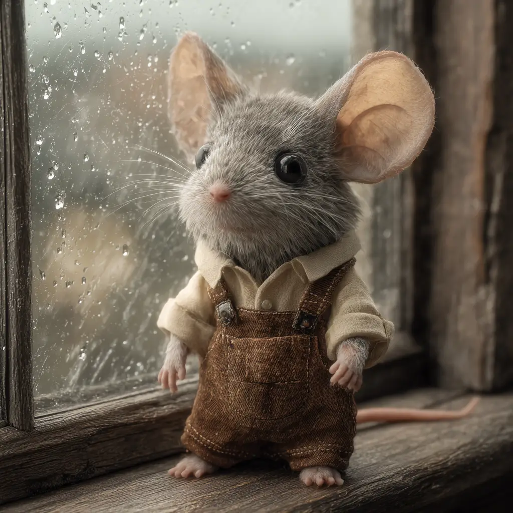 Cute 3d mouse resting on a rainy wooden windowsill