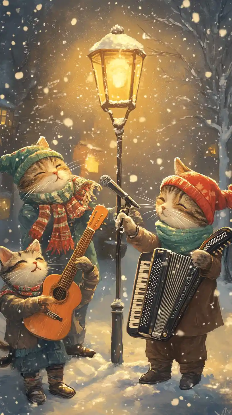 Four Musical Cats Performing On A Cozy Snowy Street