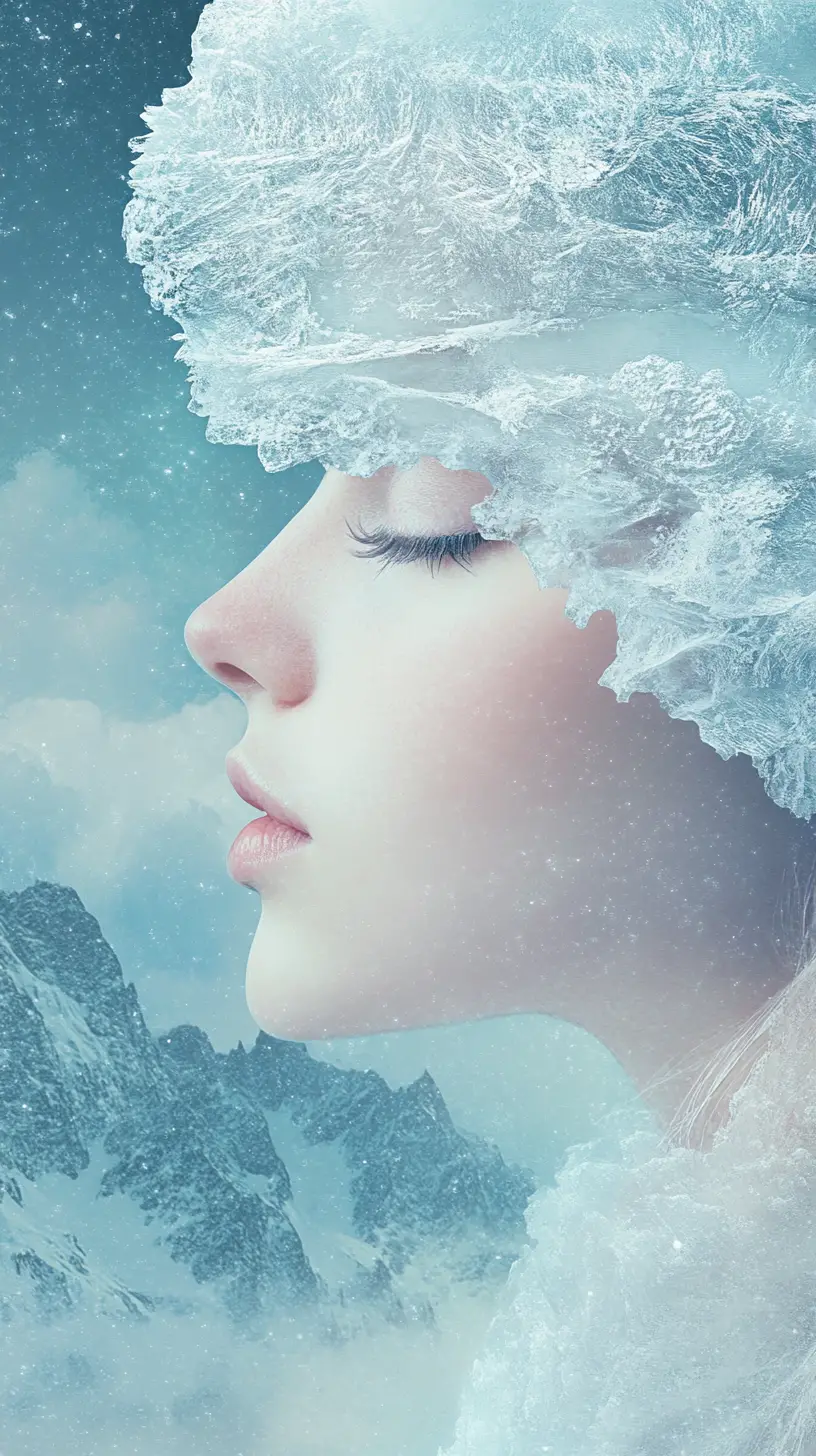Surreal winter portrait of a woman with snowy mountains