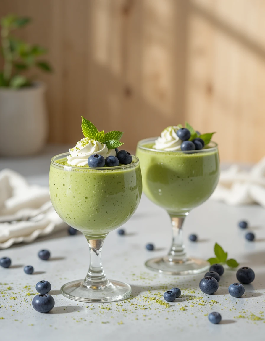 Postres de mousse verde con arándanos sobre encimera gris