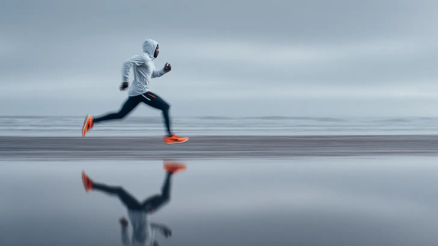Corredor correndo sobre superfície reflexiva em espaço minimalista