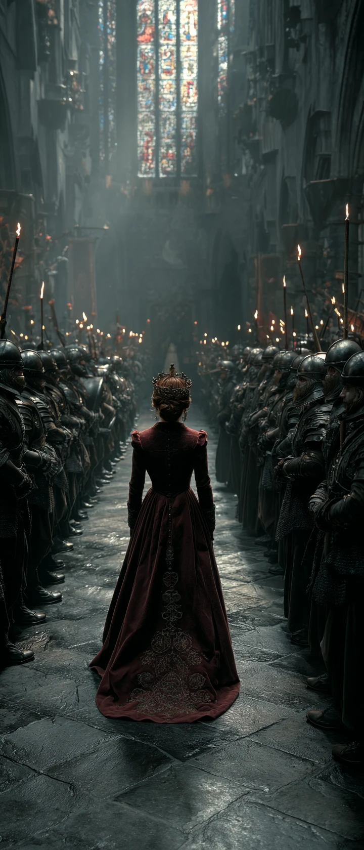 Young princess walks toward coronation in shadowy cathedral