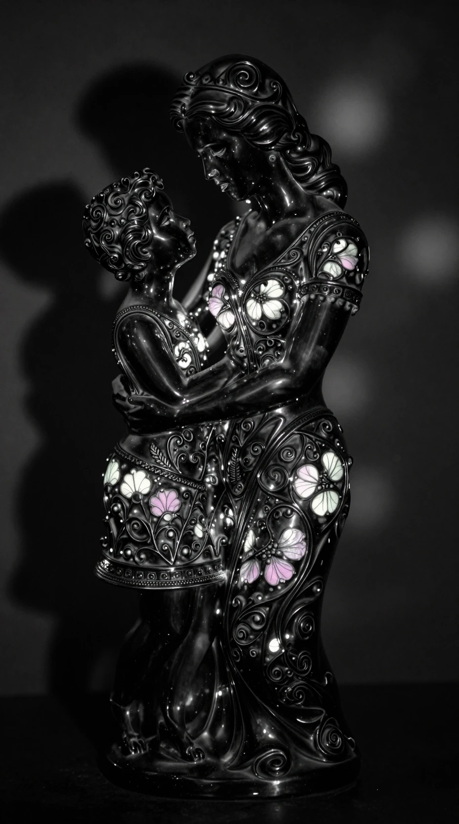 Scultura in Porcellana Luminosa di Madre e Bambino nel Morbido Bokeh
