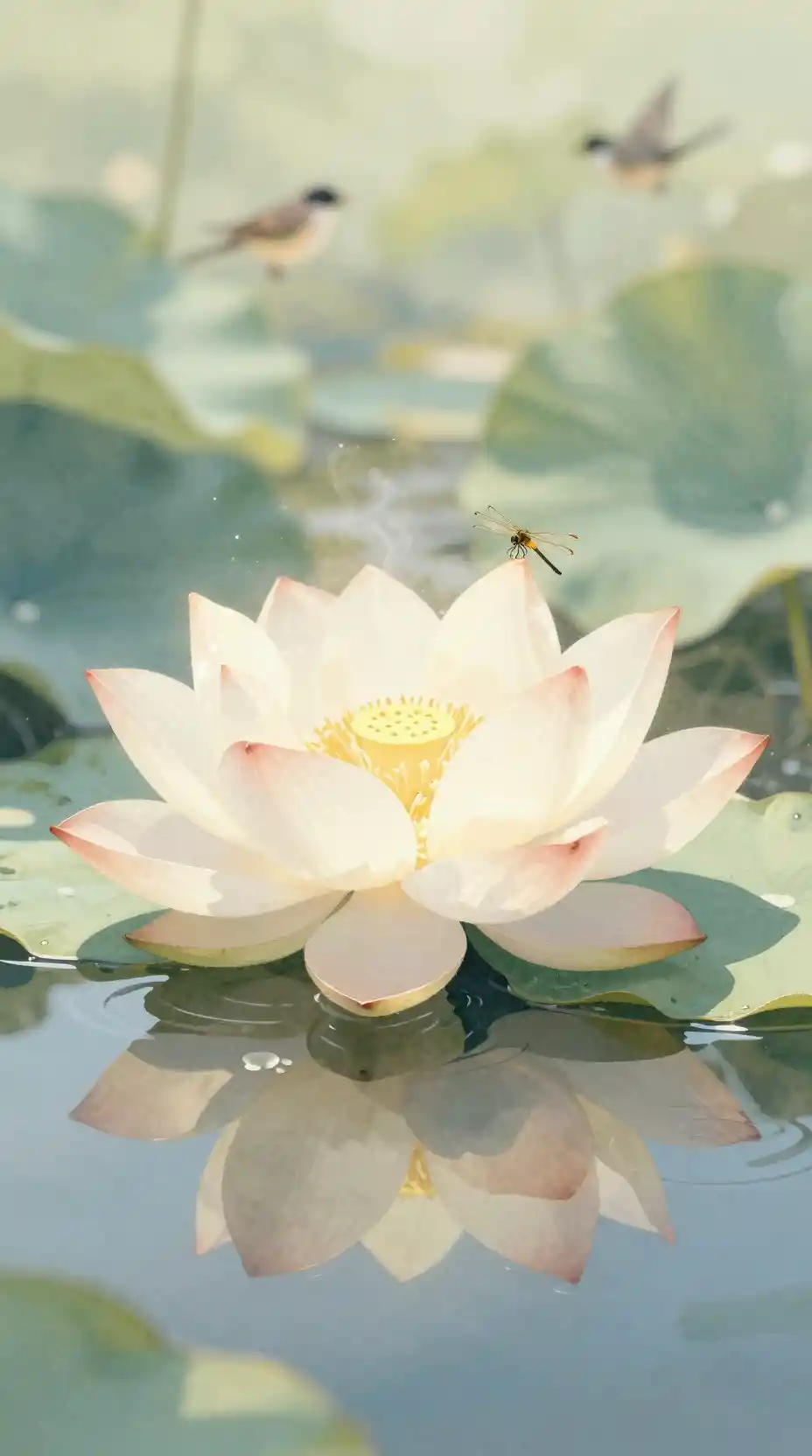 Serene lotus floating on a calm stream in watercolor