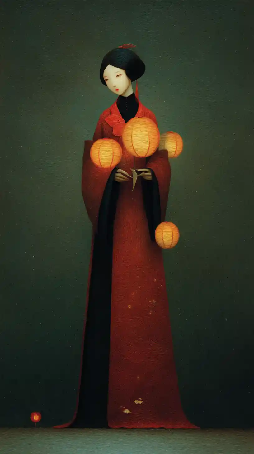 Traditional Chinese bride in red robe with glowing lanterns