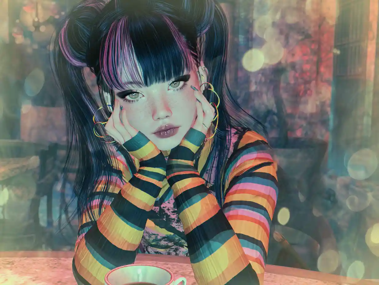 Striped anime woman at a surreal sidewalk cafe