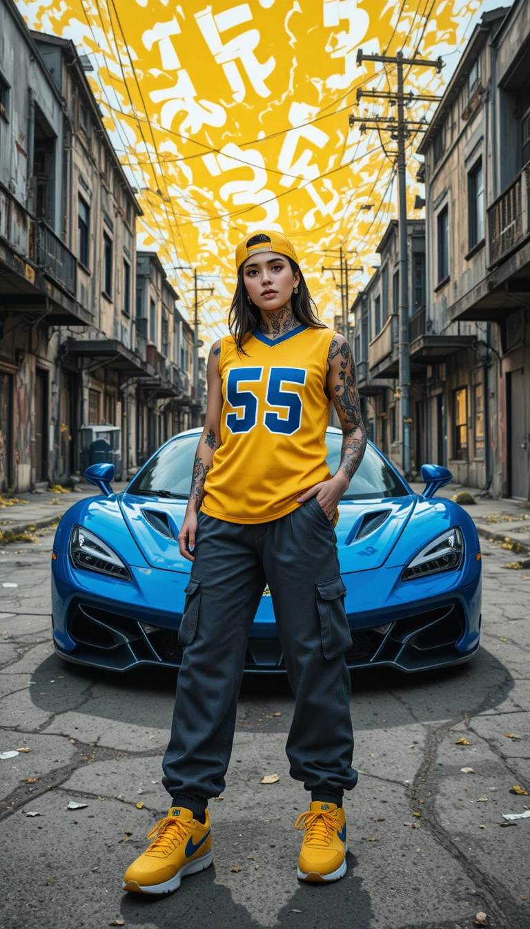 Tattooed woman posing before blue sports car in city ruins