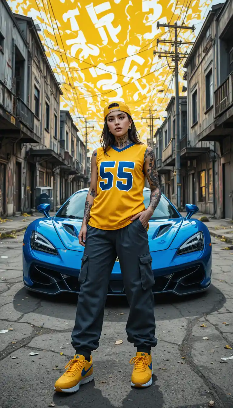 Tattooed woman posing before blue sports car in city ruins