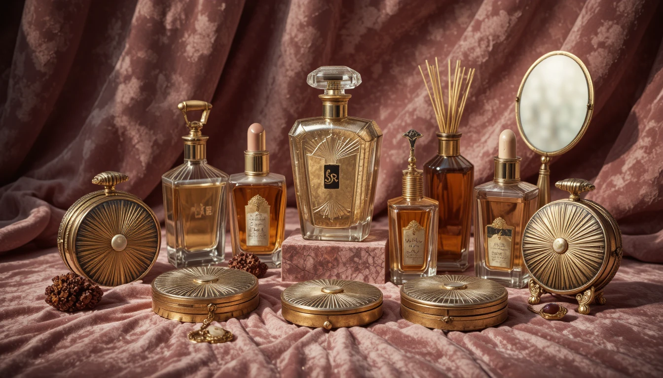 Bodegón vintage de cosméticos de Hollywood sobre terciopelo