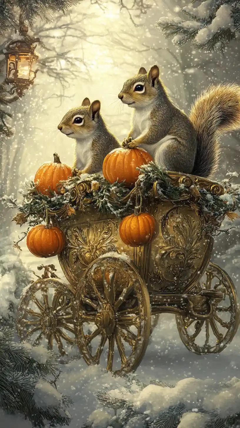 Playful squirrels in a golden cart in snowy forest